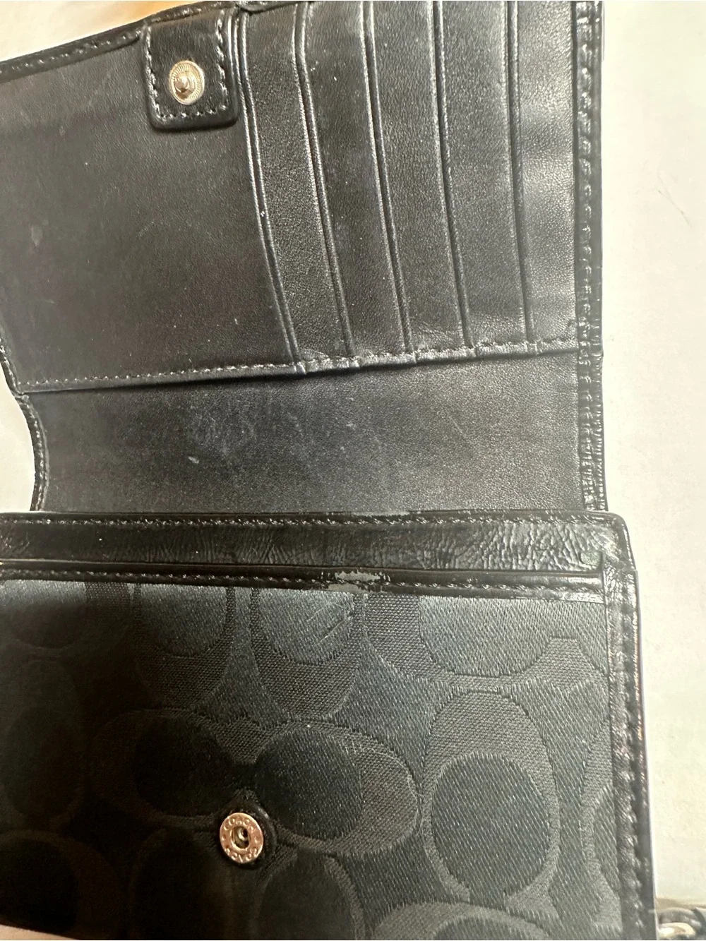 Coach Black Signature Logo Compact Wallet with Silver Logo